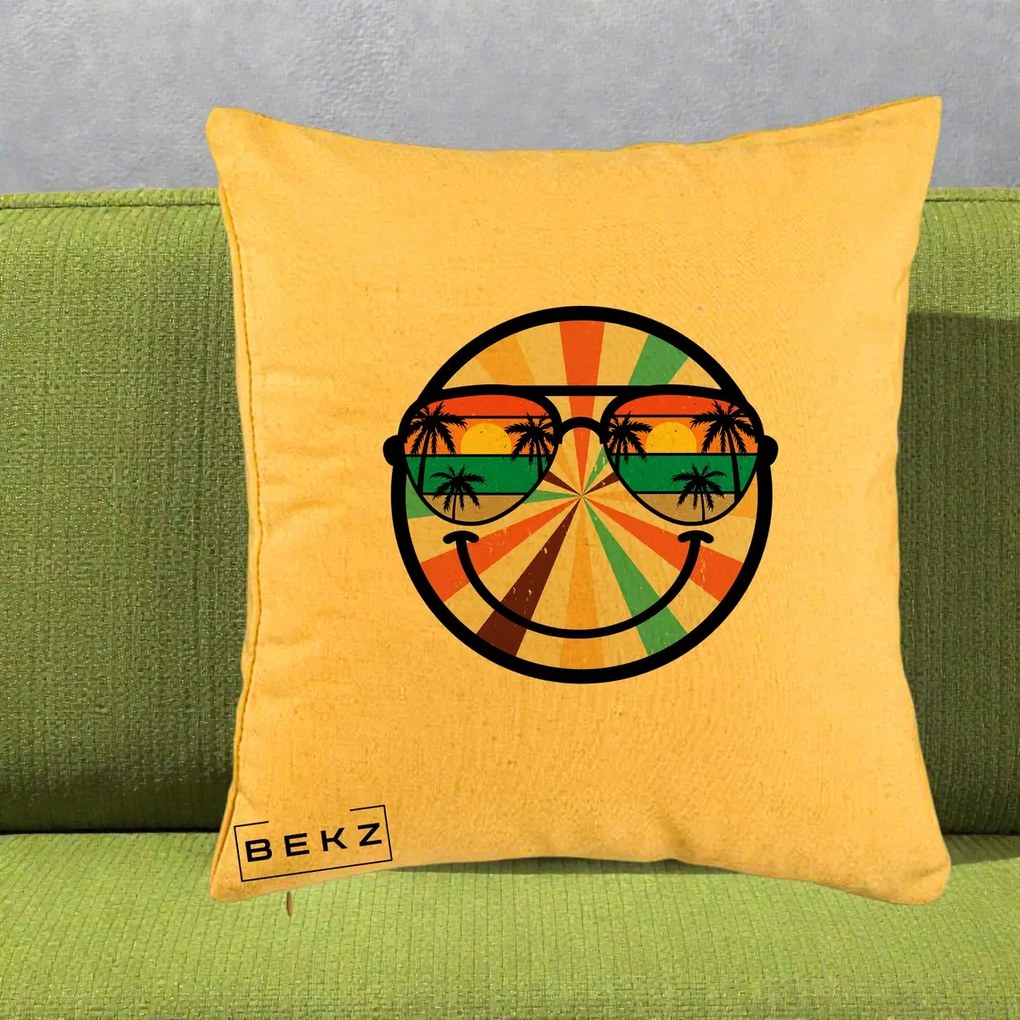 Perna Decorativa Smiley Face Retro Sunset Palmieri, 40x40 cm, Galben, Husa Detasabila, Perna Inclusa, BEKZ®