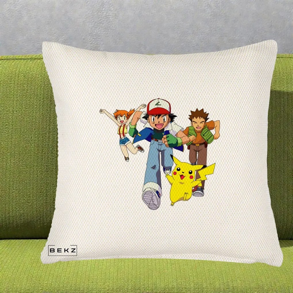 Perna Personalizata Pokemon Ash Misty Brock si Pikachu, 40x40 cm, Crem Reliefat, Husa Detasabila, Perna Inclusa, BEKZ®