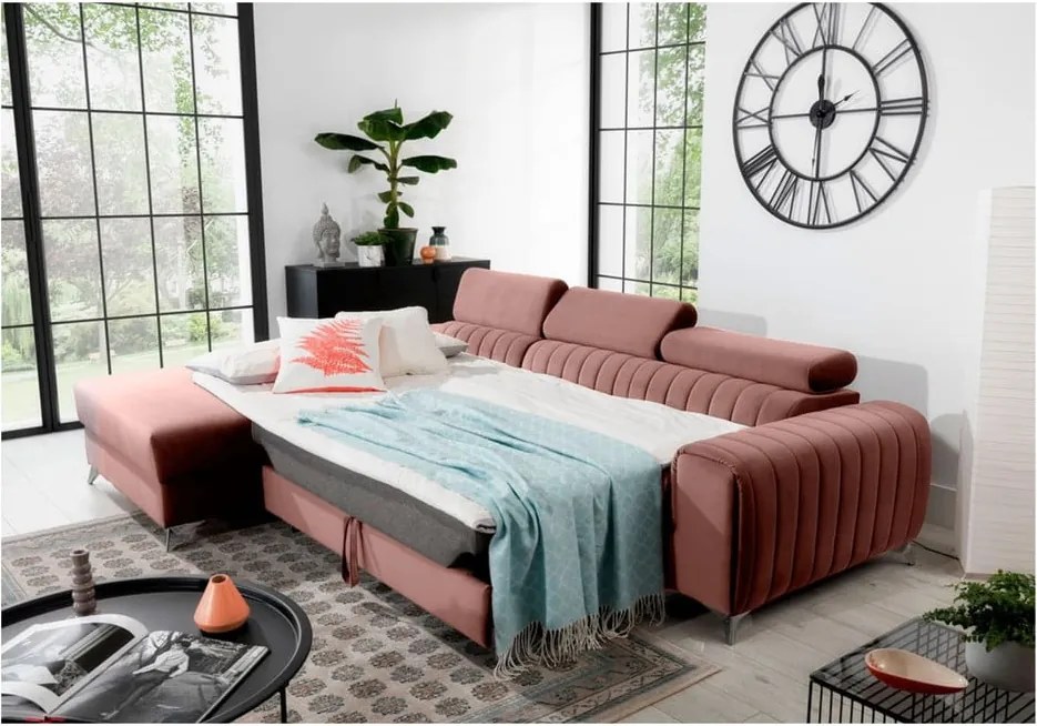 Colțar roz extensibil/cu spațiu de depozitare cu tapițerie din catifea (cu colț pe partea stângă/cu șezlong) Grayson – ELTAP