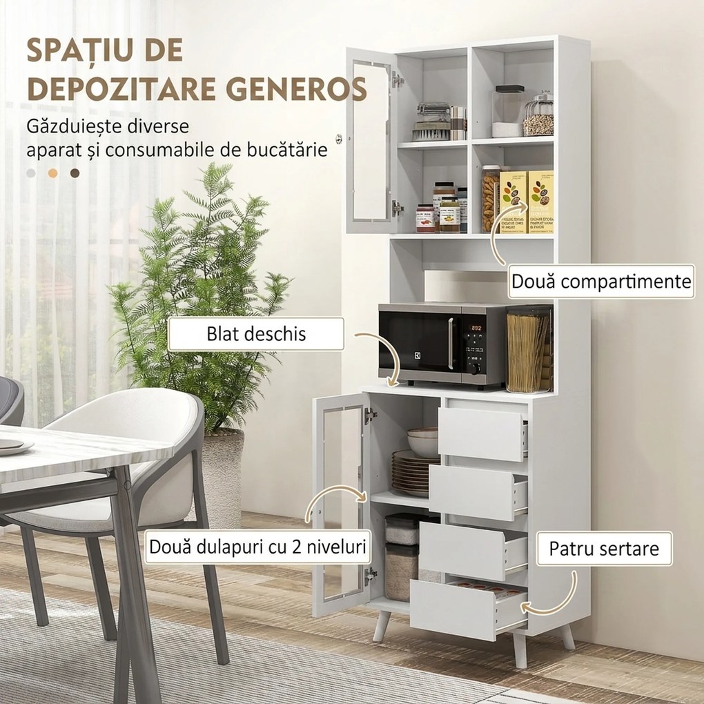 HOMCOM Servantă Înaltă de Bucătărie cu Uși din Sticlă, 2 Rafturi Deschise, 4 Sertare, Rafturi Reglabile, 60x35x180 cm, Alb | Aosom Romania