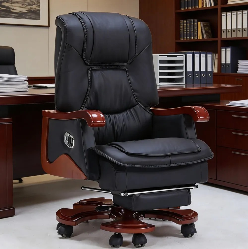 Regal Prestige– Scaun directorial din Piele Naturală si Lemn Masiv, Masaj in 7 puncte, Funcție Încălzire, Înclinare 135°, Suport Picioare Extensibil, Sezut cu Arcuri, Telecomandă, Negru