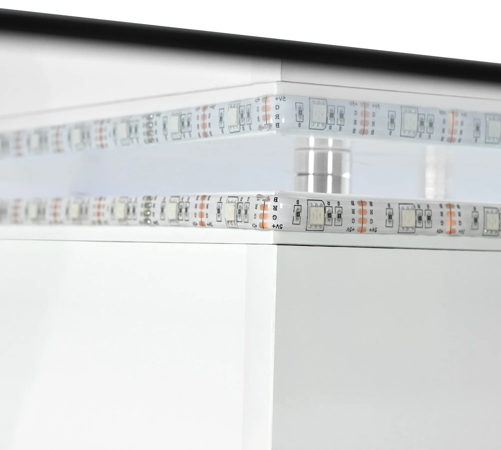Măsuță de cafea modernă din sticlă lucioasă cu bandă LED reglabilă și roți pivotante, 80×80×40 cm, Alb+Negru