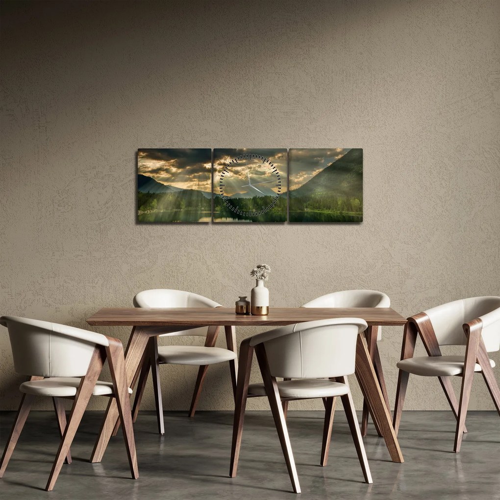 Tablou cu lac și soarele translucid (cu ceas) (90x30 cm)