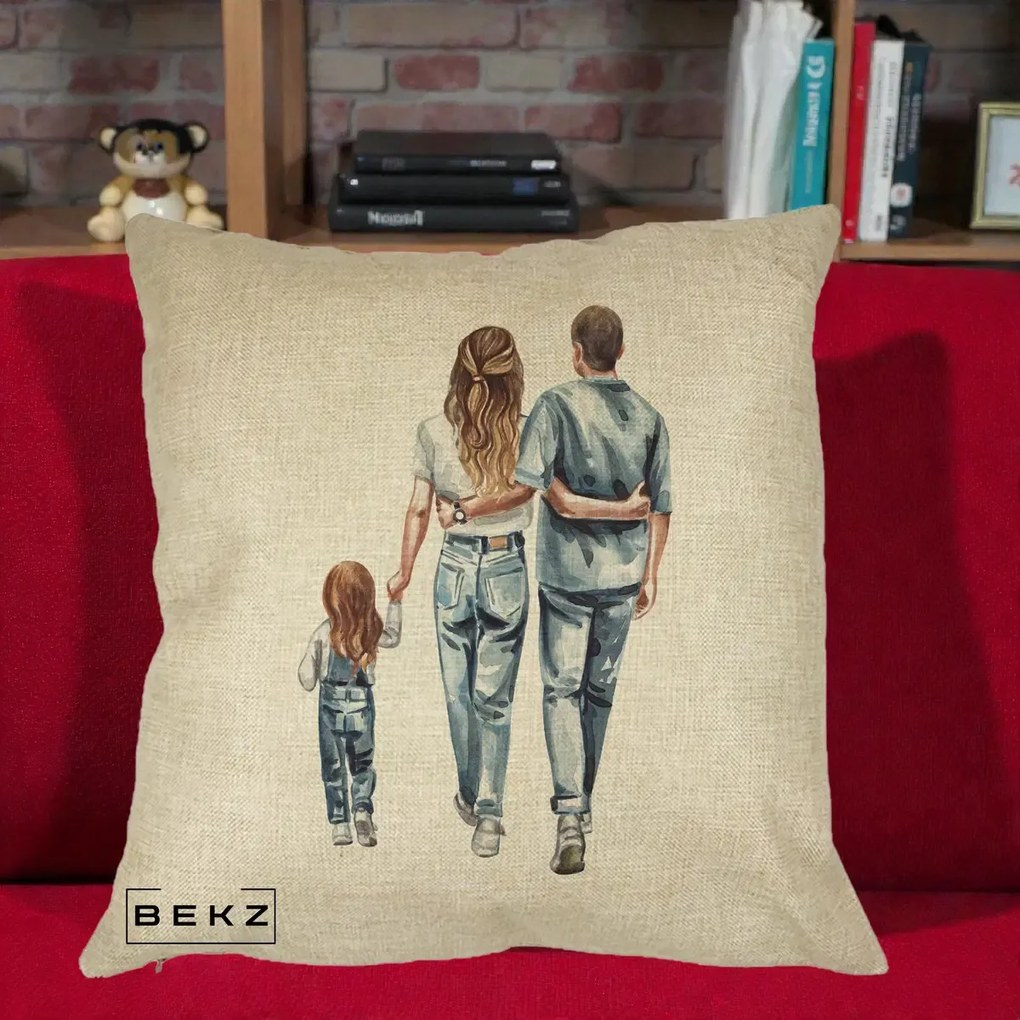 Cadou pentru Familie - Perna Personalizata Familie Acuarela Jeans, 40x40 cm, Crem, Husa Detasabila, Perna Inclusa, BEKZ®