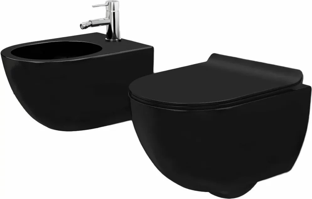 Set vas wc negru mat suspendat capac slim softclose si bideu Rea Carlo Mini