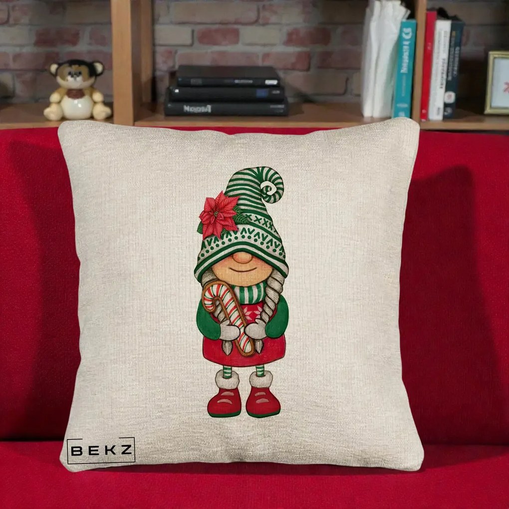 Perna Decorativa Gnom Craciun Verde cu Bomboane si Floare, 40x40 cm, Bej Canapea, Husa Detasabila, Perna Inclusa, BEKZ®