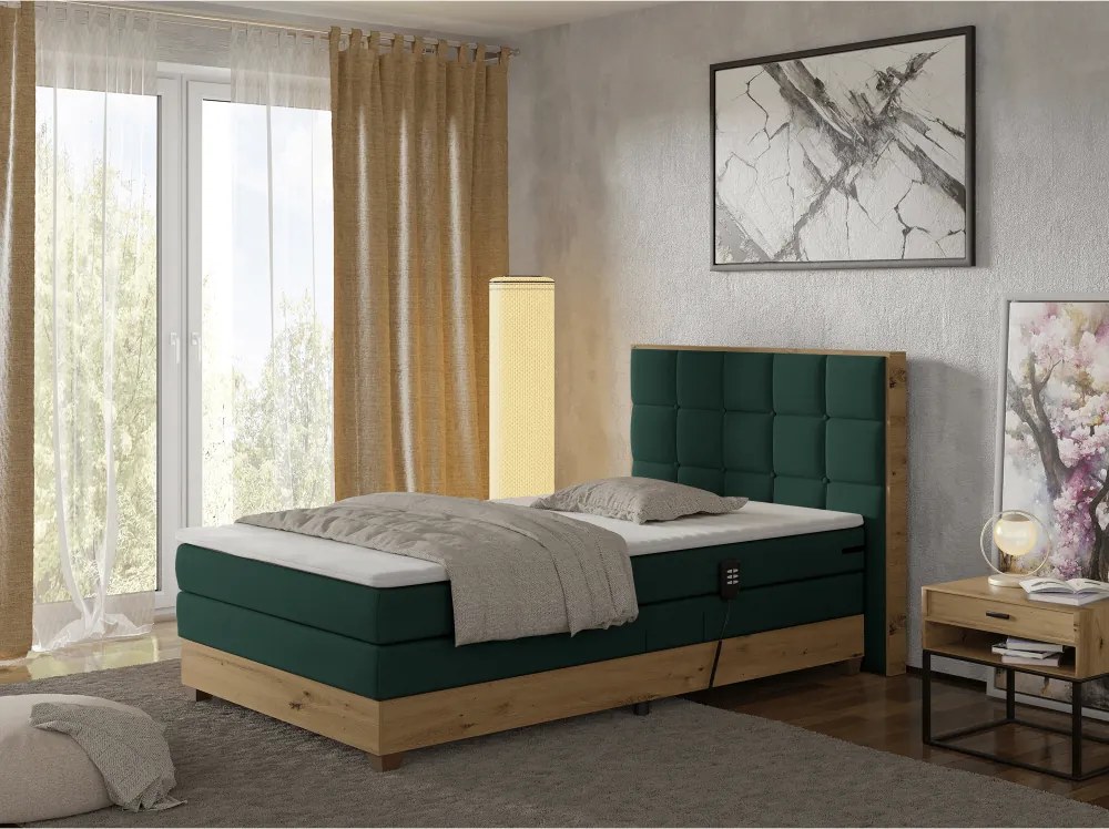 Pat electric reglabil, boxspring, verde/stejar artizanal, 120x200, TIANA
