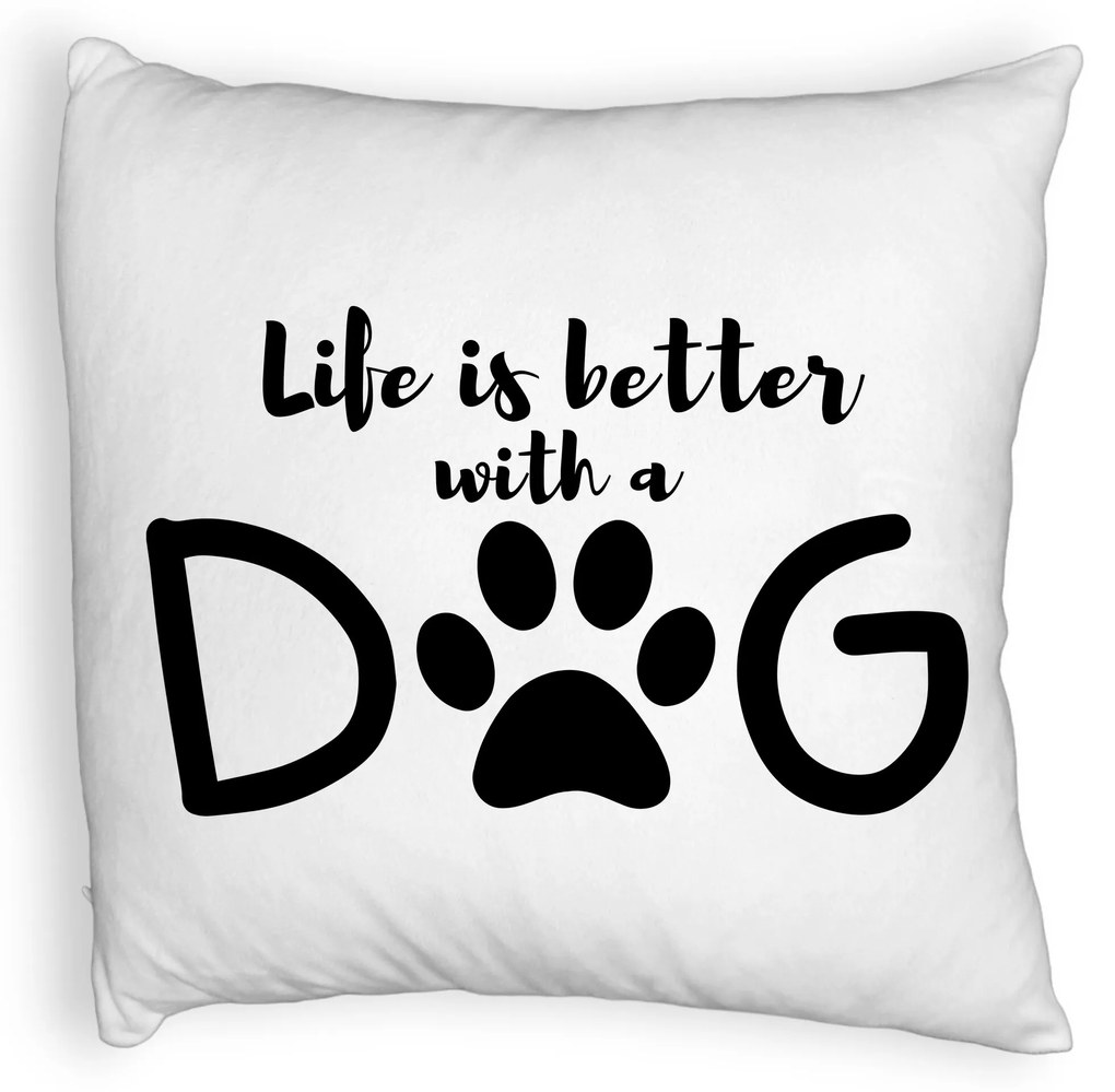 Perna Decorativa Fluffy, Model Life is better with a Dog, 40x40 cm, Alba, Husa Detasabila, Burduf