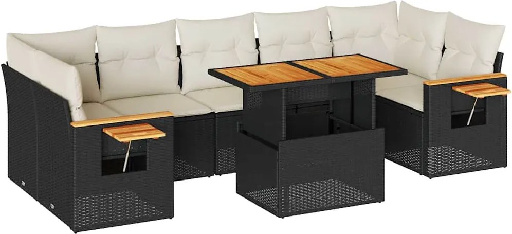 vidaXL Set mobilier grădină perne 8 piese negru, poliratan/lemn acacia
