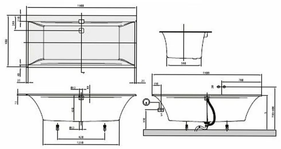 Set cada baie incastrata 190x90 cm VilleroyBoch si baterie cu montare pe cada, crom lucios, Temisto