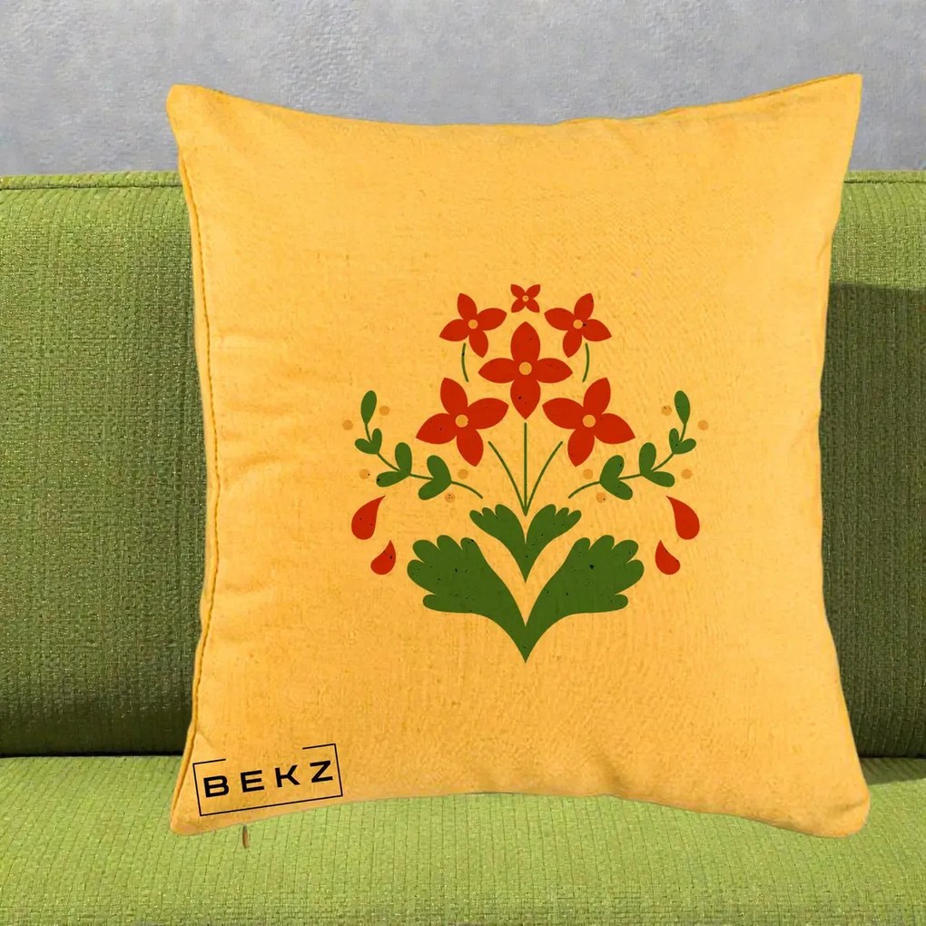 Perna Decorativa Buchet Floral Folk Rosu-Verde, 40x40 cm, Galben, Husa Detasabila, Perna Inclusa, BEKZ®