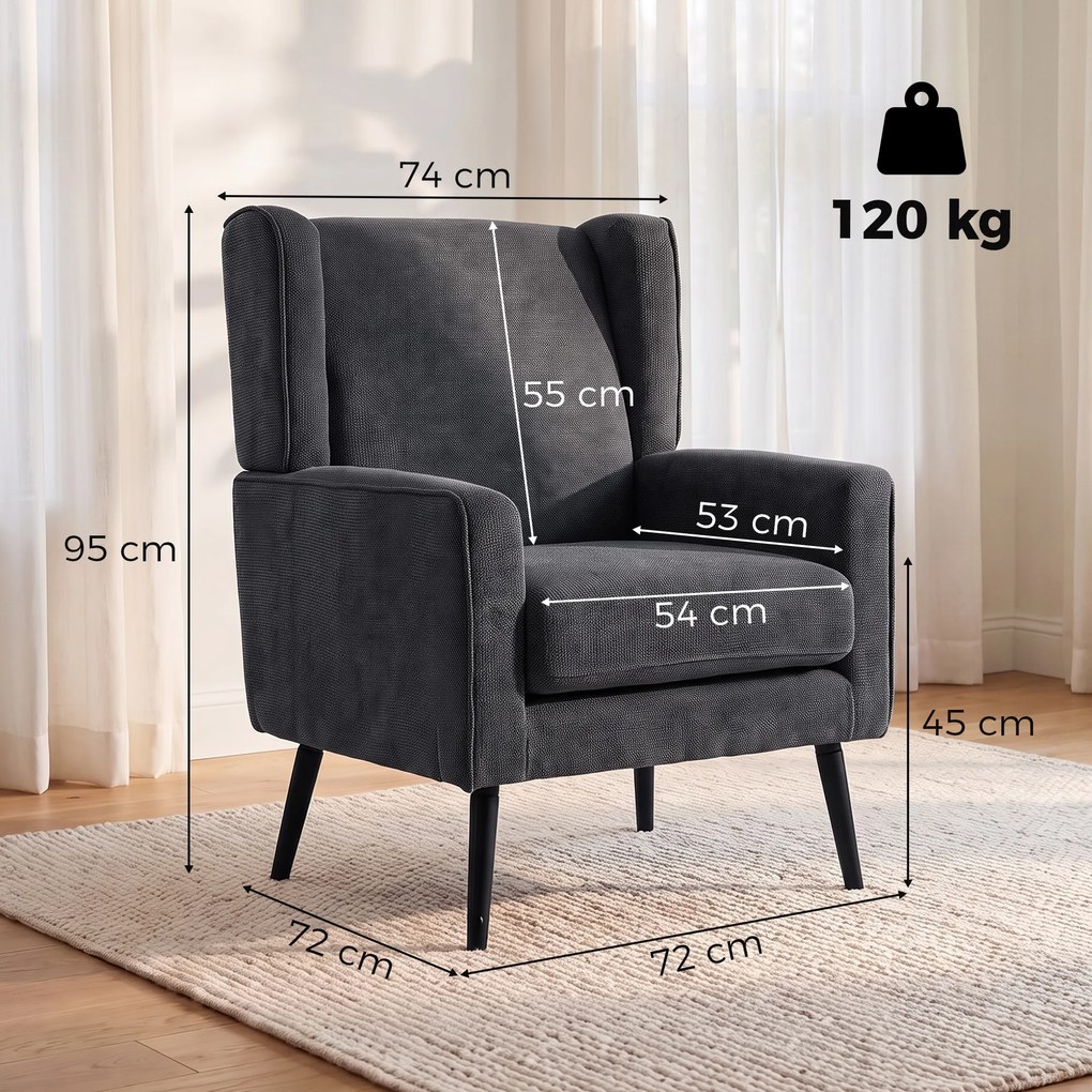 HOMCOM Fotoliu din chenille pentru dormitor, stil modern Mid-Century, cu picioare din lemn de cauciuc, gri închis | Aosom Romania