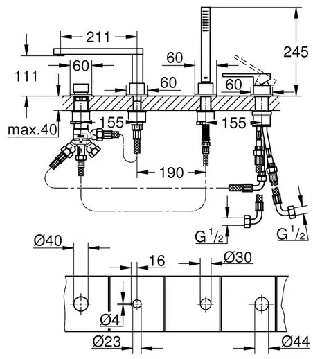Baterie cada - dus Grohe Plus 4 elemente antracit periat Hard Graphite