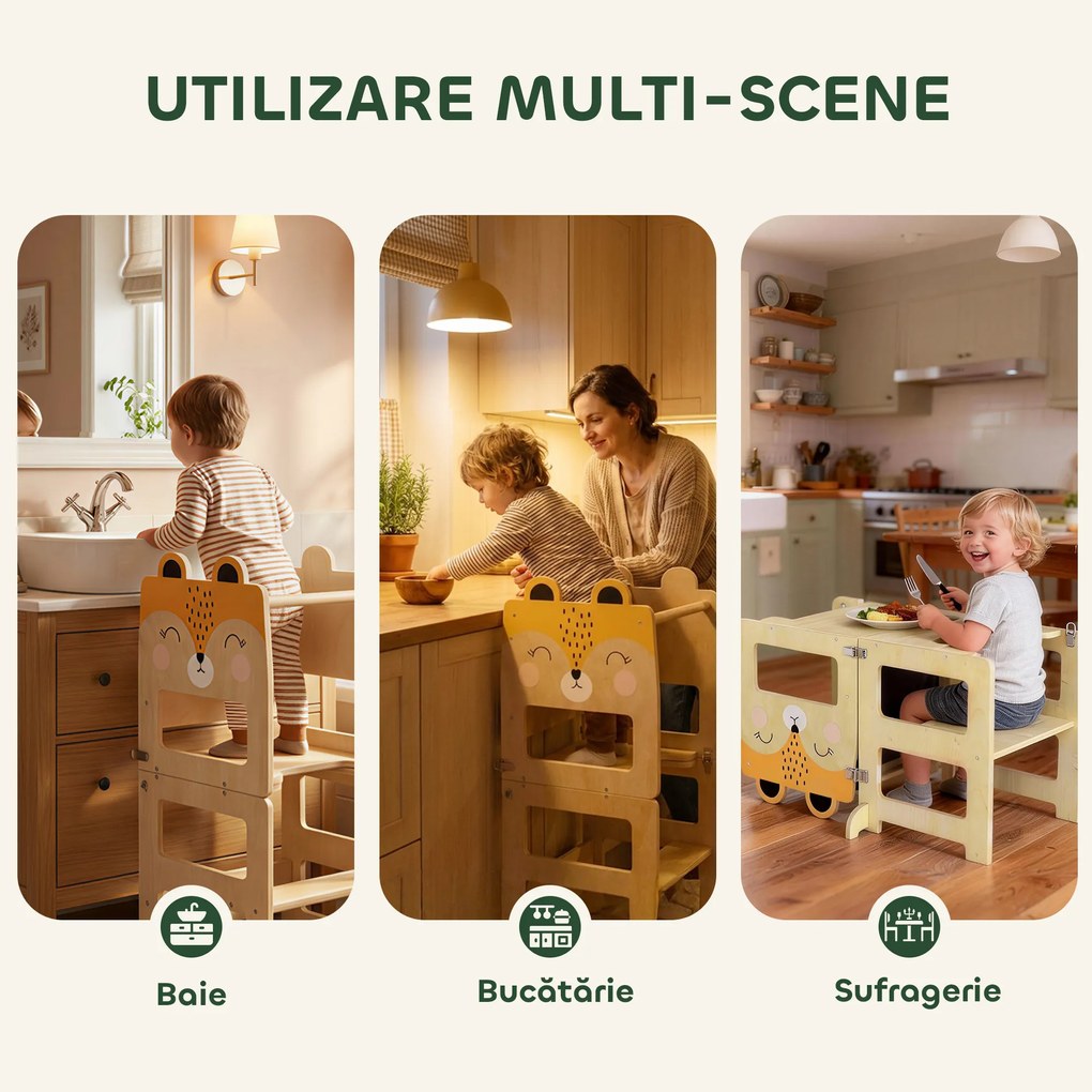 Turn Montessori AIYAPLAY pentru Copii 2-5 Ani cu Tablă și Măsuță, Scăunel pentru Copii din Placaj, 57x39x93 cm, Culoare Lemn | Aosom Romania