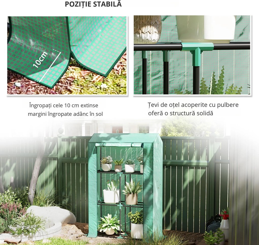 Outsunny Sera Mini cu 3 Niveluri, Copertină din PE cu Armătură și Ușă Rulabilă, 100x40x150 cm, Verde | Aosom Romania