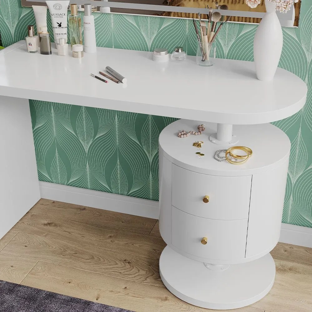 Masuta machiaj cu Oglinda LED si 2 Sertare pentru Cosmetice, Set Masa toaleta 120 cm, Alb Lucios, masuta cosmetica, vanity - SEA462