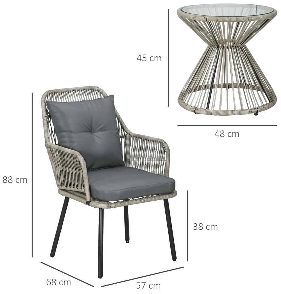 Outsunny Salon de grădină din ratan PE 3 piese cadru din oțel 2 fotolii + 1 masă de cafea rotundă perne incluse | Aosom Romania