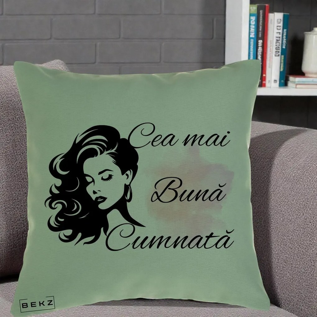 Cadou pentru Cumnata - Perna Personalizata Cea mai Buna Cumnata cu Silueta Dama si Pete Roz, 40x40 cm, Verde, Husa Detasabila, Perna Inclusa, BEKZ®