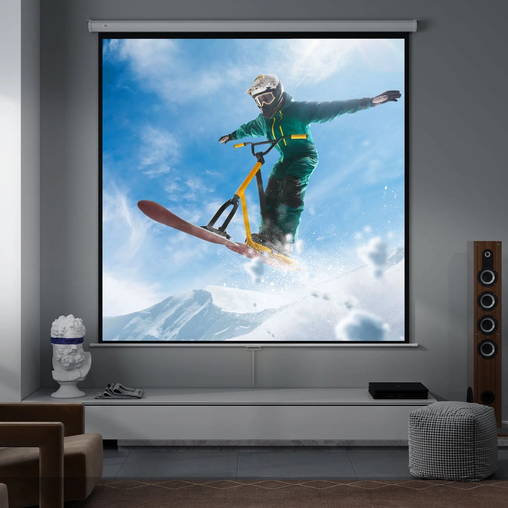 HOMCOM Ecran de Proiecție 120 Inch Format 1:1, Ecran Rulabil cu Unghi de 160° și Montare pe Tavan sau Perete, 223x8x223 cm, Alb | Aosom Romania