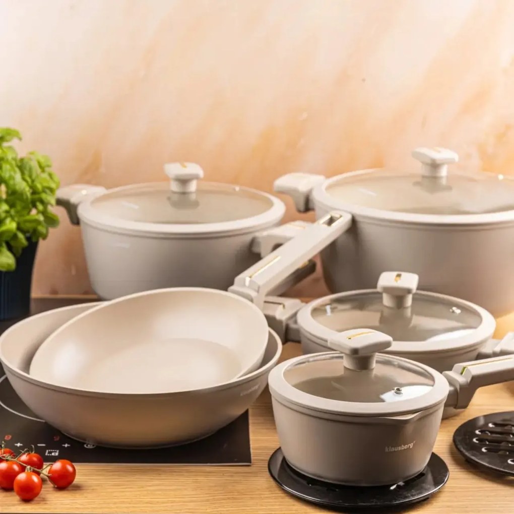 Set oale si tigai marmorate cu capace 12 peise Klausberg KB-7969, crem