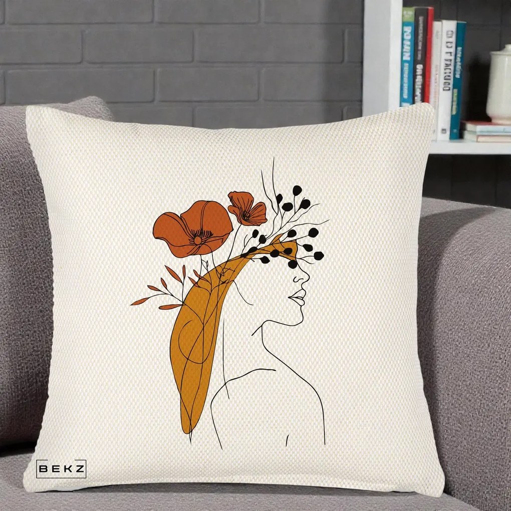Perna Decorativa Portret Feminin Maci Rosii Auriu, 40x40 cm, Crem Reliefat, Husa Detasabila, Perna Inclusa, BEKZ®
