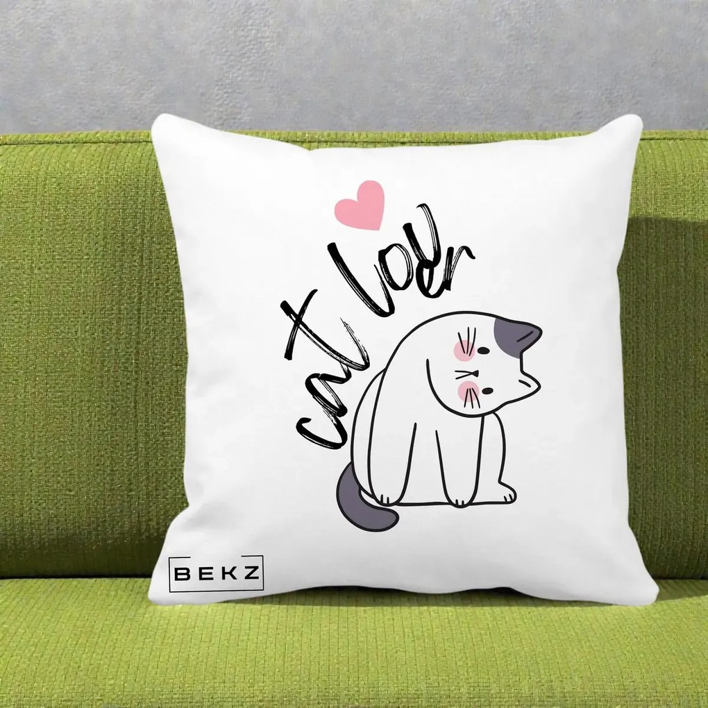 Perna Personalizata Cat Lover Pisica Ilustratie Linie, 40x40 cm, Alba Mata, Husa Detasabila, Perna Inclusa, BEKZ®
