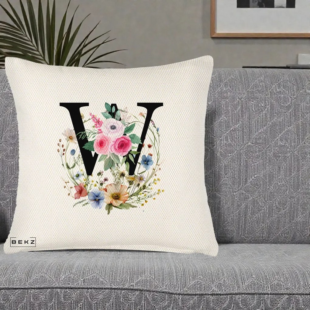 Cadou Personalizat - Perna Personalizata Monograma Florala Litera W, 40x40 cm, Crem Reliefat, Husa Detasabila, Perna Inclusa, BEKZ®
