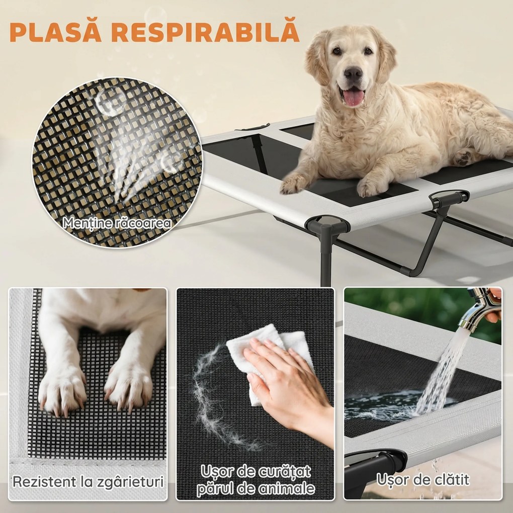 PawHut Pat pentru Câini cu Copertină Detașabilă pe 3 Laturi, din Poliester și Oțel, 106x76x94 cm, Gri Deschis și Negru | Aosom Romania