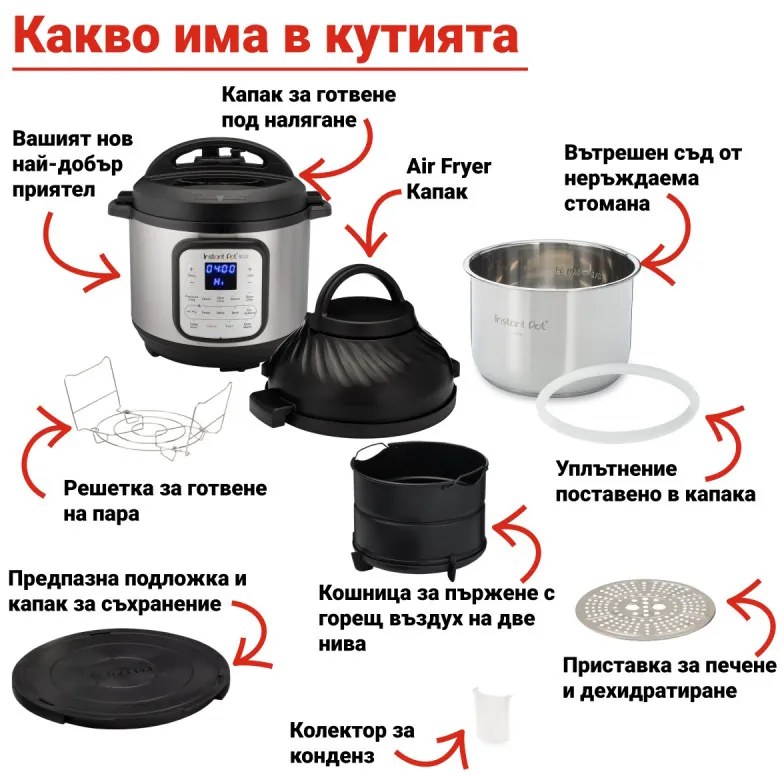 Instant Pot Duo Crisp + Air Fryer 140004201, 1500 W, 8 L, 11 programe, coș Air Fryer, EvenCrisp, Inox