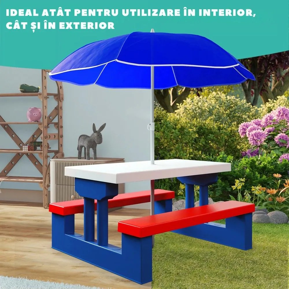 Set de șezut pentru copii cu umbrelă de soare JASMIN, 67x78,5x42,5cm, albastru/alb/roșu Spielwerk