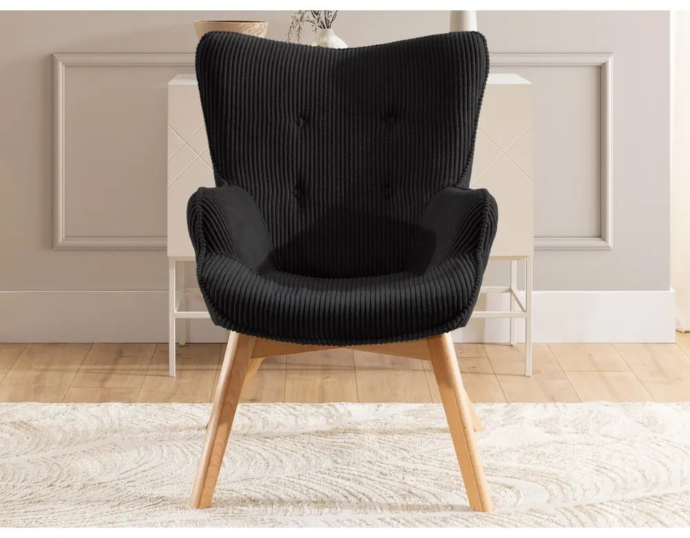 Fotoliu negru cu tapițerie din catifea reiată Niko – Ropez