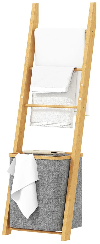 HOMCOM Suport prosoape din bambus cu coș de rufe, scară suport pentru prosoape cu 1 coș de rufe, 43 x 35 x 133 cm, gri | Aosom Romania