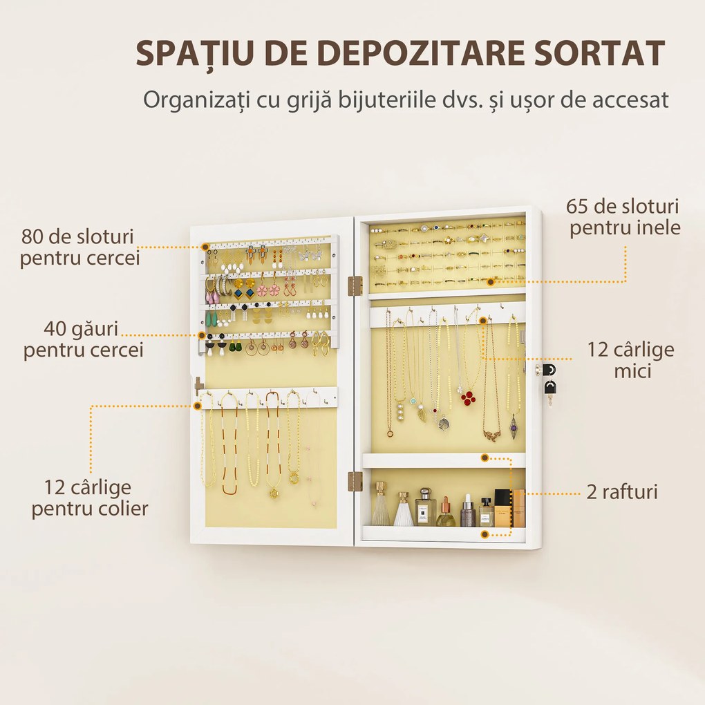 HOMCOM Dulăpior Oglindă pentru Bijuterii Montabil pe Perete cu 2 Chei, din MDF, Alb | Aosom Romania