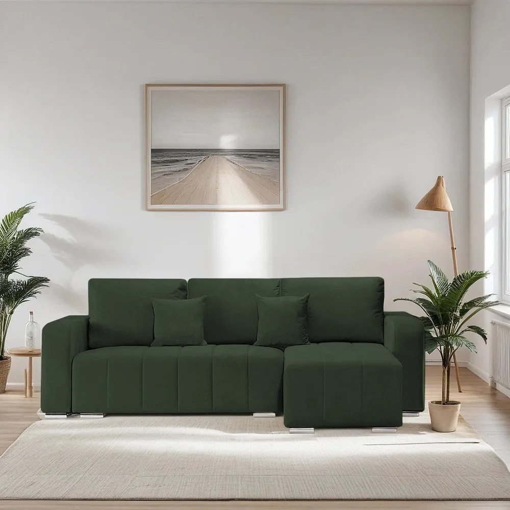 Coltar Extensibil 3 locuri Armando, cu ladă de depozitare, Verde - Gri, 240 x 147 x 85 cm