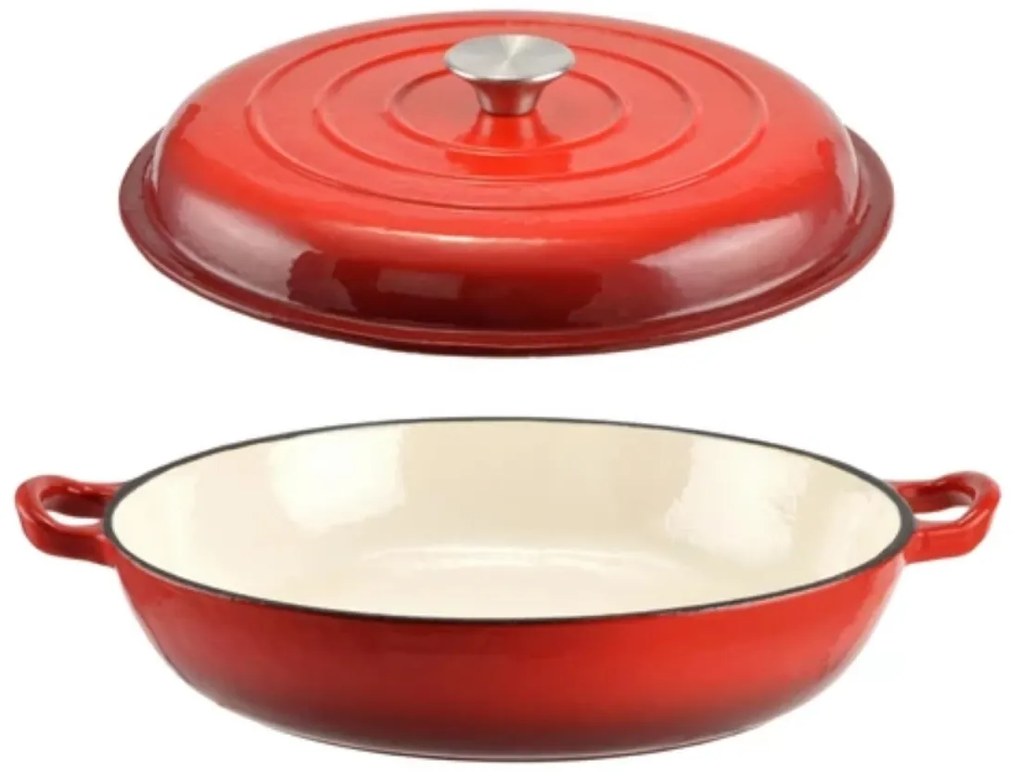 Cratiță din fontă emailată cu capac 30 cm, 2.5L – Perfect Home 14017, roșie, pentru friptură la cuptor și distribuție termică uniformă