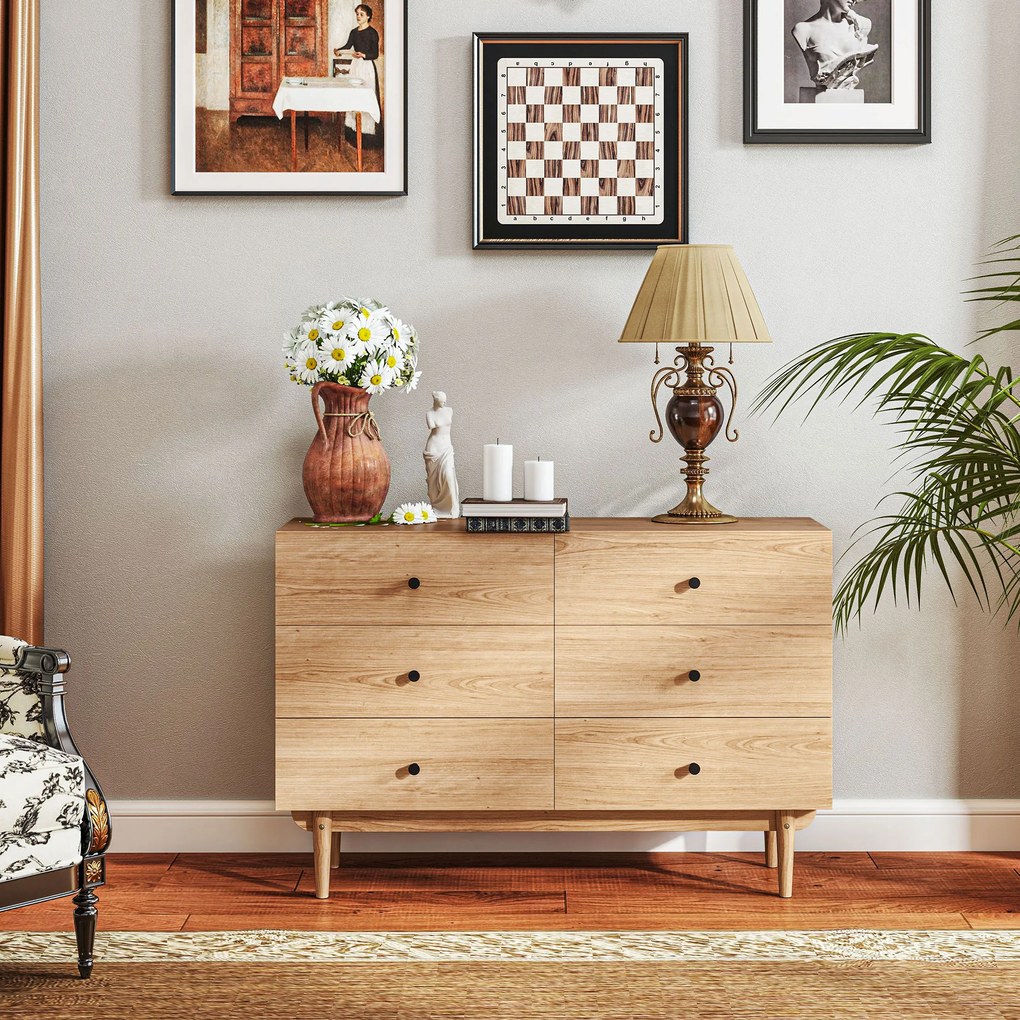 HOMCOM Comodă 6 sertare mobilier de depozitare picioare din lemn masiv 120 x 40 x 80 cm culoare lemn | Aosom Romania