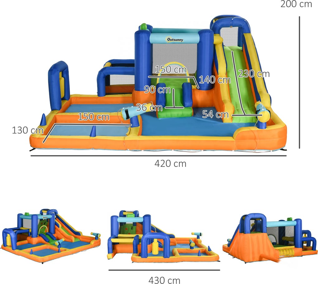 Outsunny Castel Gonflabil pentru Copii cu Tobogan Piscină Perete de Cățărat Inflator și Geantă de Transport 430x420x200cm Multicolor | Aosom Romania