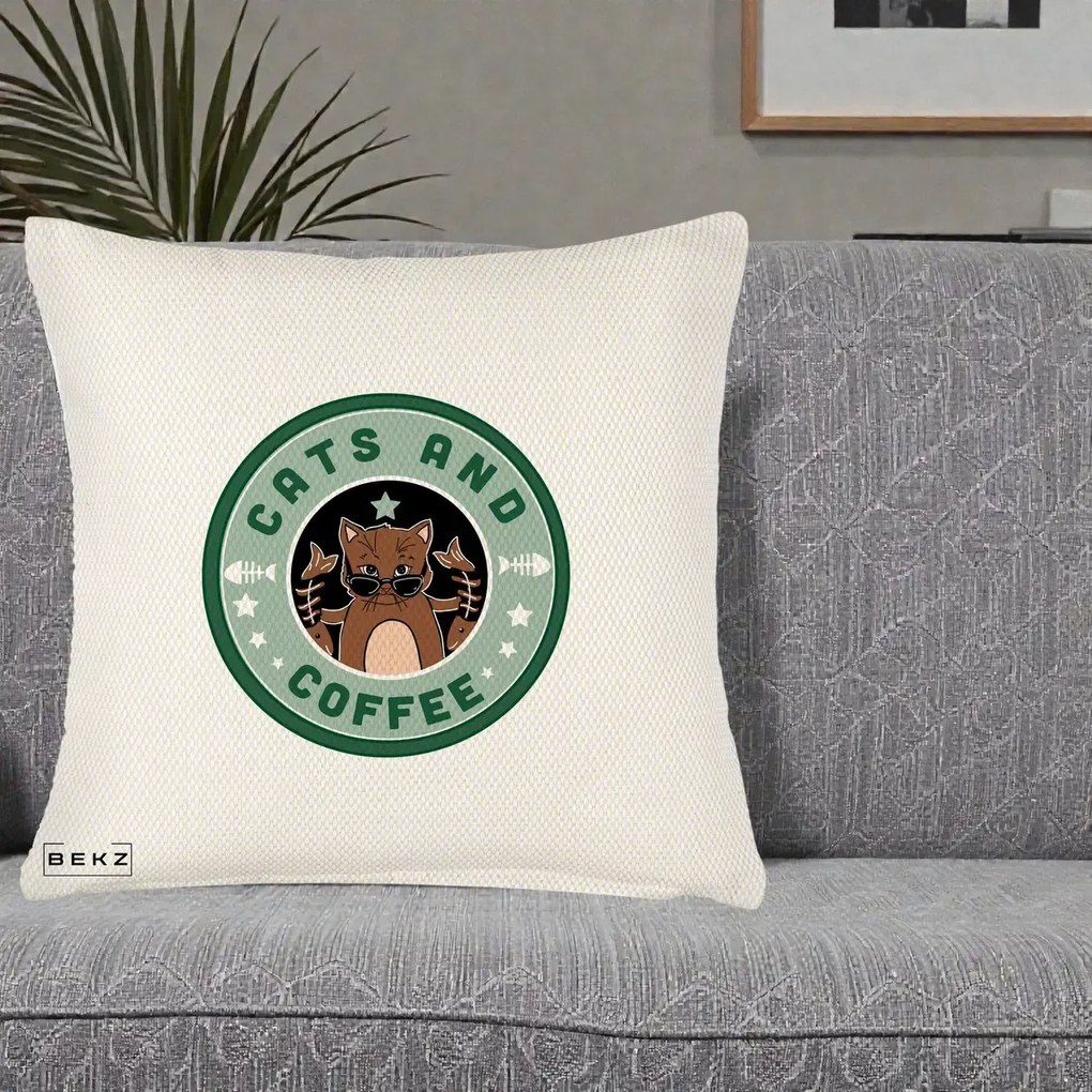 Perna Personalizata Cats and Coffee Starbucks, 40x40 cm, Crem Reliefat, Husa Detasabila, Perna Inclusa, BEKZ®