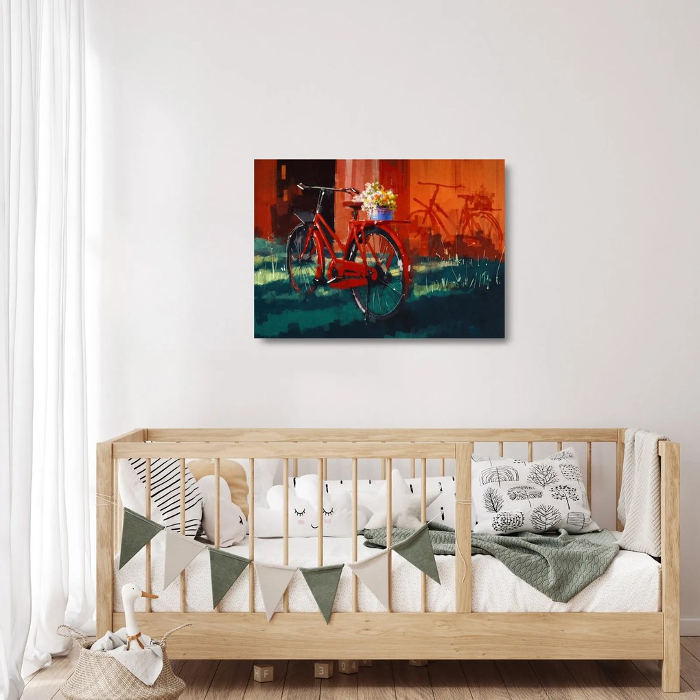 Tablou pe sticlă - Bicicleta roșie, pictură acrilică (70x50 cm)