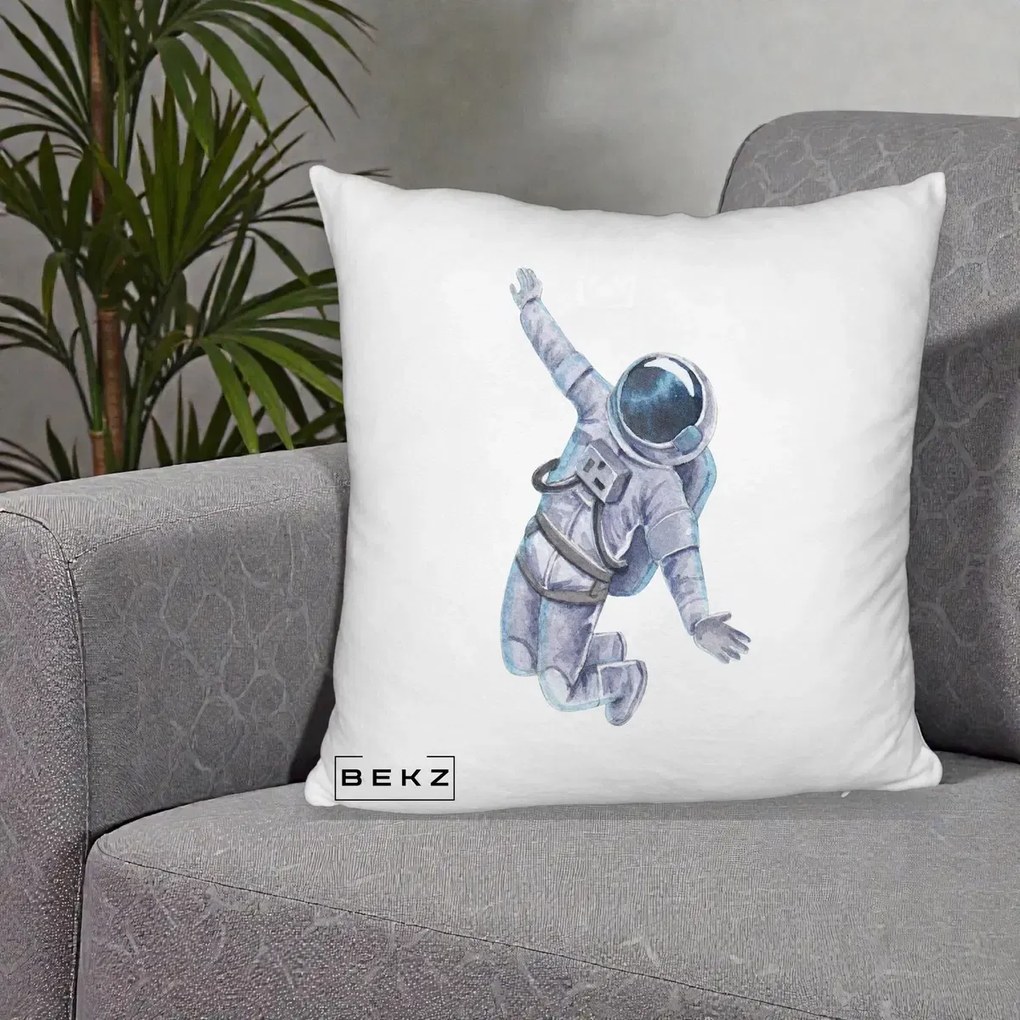 Perna Decorativa Astronaut Acuarela Zbor, 40x40 cm, Alb Pufos, Husa Detasabila, Perna Inclusa, BEKZ®