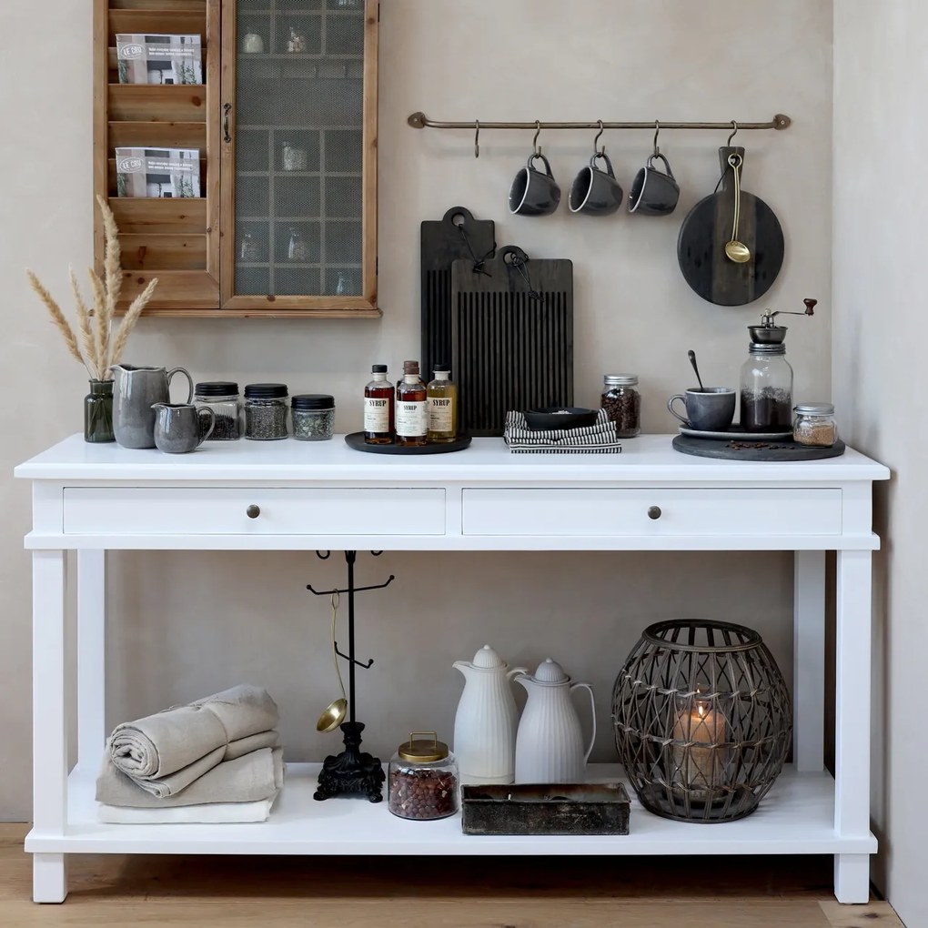 Consola alba, din lemn masiv, cu 2 sertare, aspect rustic, Marseille