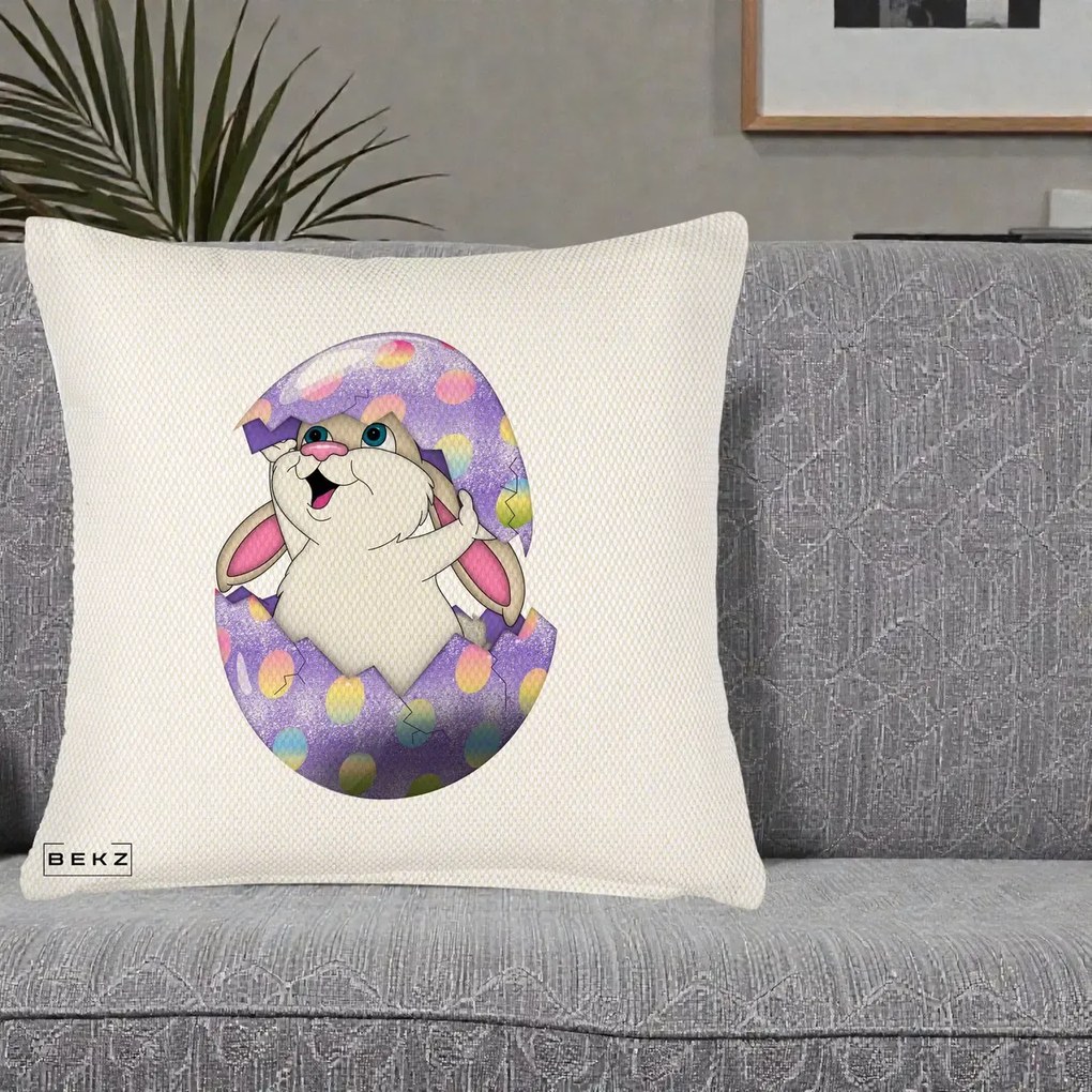 Perna Decorativa Iepuras din Ou de Pasti, 40x40 cm, Crem Reliefat, Husa Detasabila, Perna Inclusa, BEKZ®