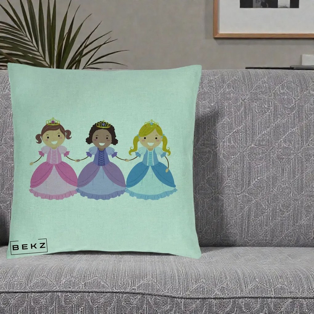 Perna Personalizata Printese Diverse Ilustratie, 40x40 cm, Verde Menta, Husa Detasabila, Perna Inclusa, BEKZ®