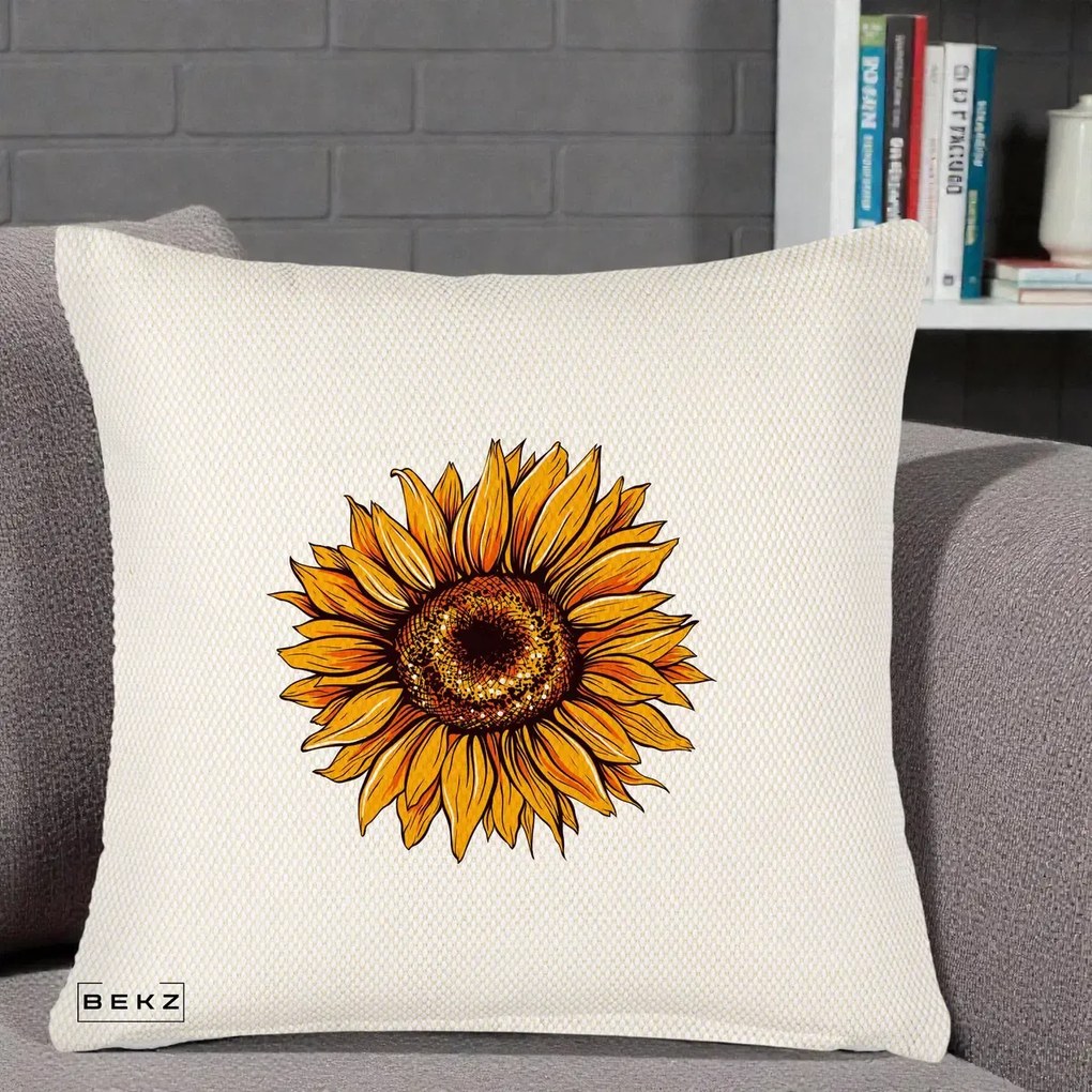 Perna Decorativa Floarea Soarelui Vibranta, 40x40 cm, Crem Reliefat, Husa Detasabila, Perna Inclusa, BEKZ®