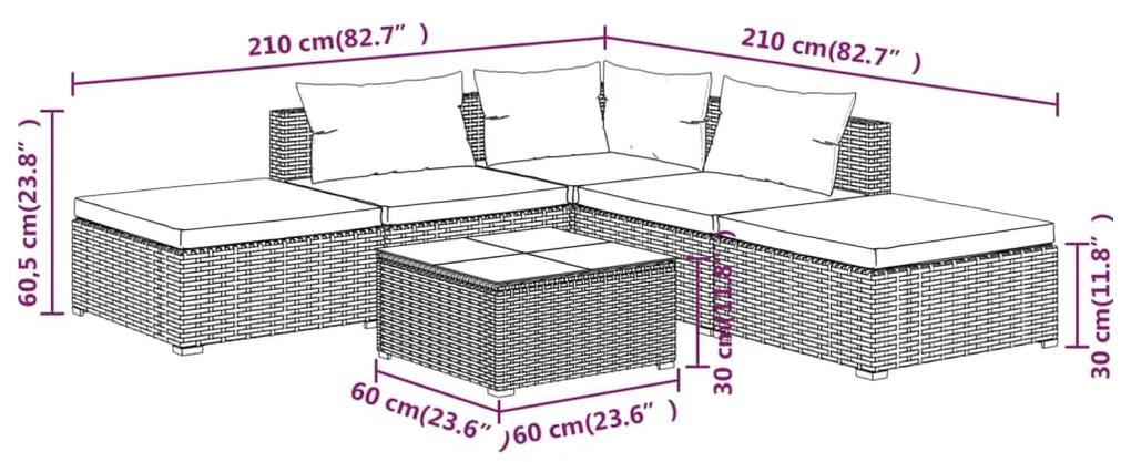 Set mobilier de gradina cu perne, 6 piese, gri, poliratan gri si bleumarin, colt + 2x mijloc + 2x suport pentru picioare + masa, 1