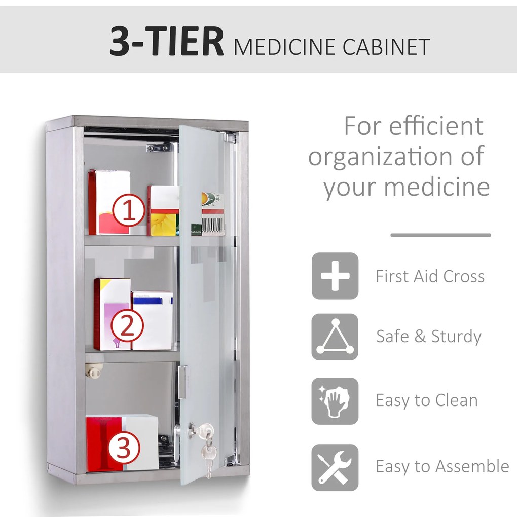 HOMCOM Dulap pentru Medicamente, Design Modern, Sticlă și Oțel, cu Ușă și 2 Chei, 48x25cm | Aosom Romania