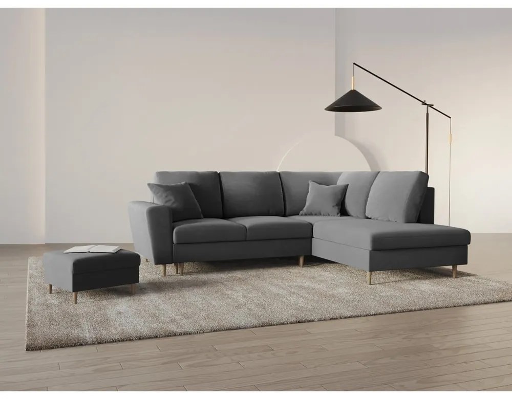 Colțar gri deschis extensibil, cu spațiu de depozitare cu tapițerie din catifea (cu colț pe partea dreaptă-în formă de ”L”) Kyoto – Cosmopolitan Design