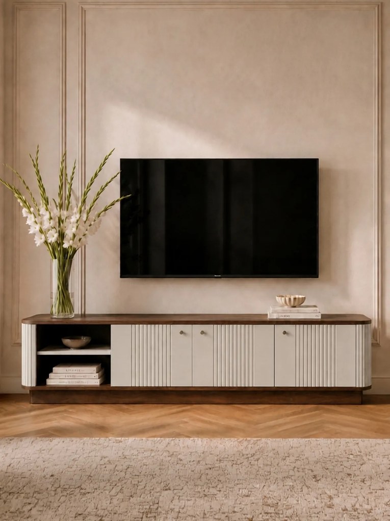 Comodă TV pe soclu Vesper 4D 187 cm - cașmir / nuc / mânere negre