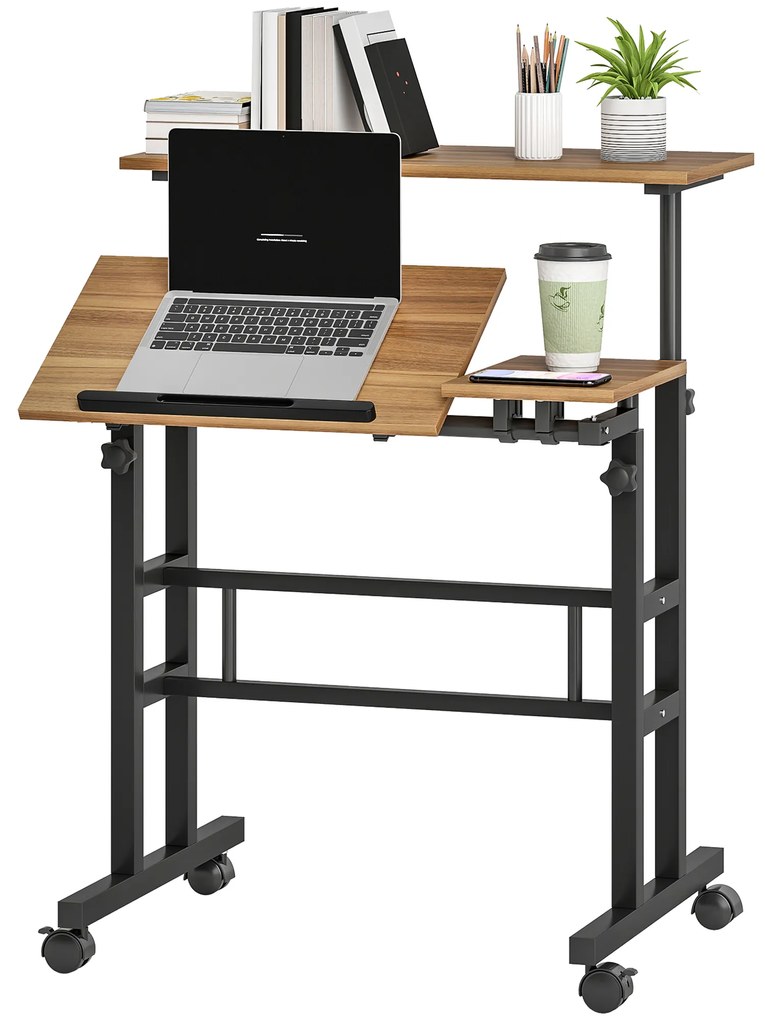 HOMCOM Birou stat jos/în picioare birou reglabil pe înălțime 70 x 60 cm pe roți cu blat înclinat cadru metalic maro | Aosom Romania