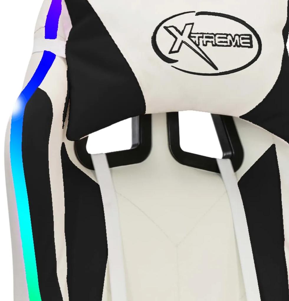 Scaun de racing cu LED RGB, negru si alb, piele ecologica Alb, Cu suport de picioare, 1